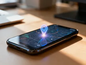 iPhone podłączony kablem do laptopa na drewnianym biurku, gotowy do wykonania kopii zapasowej danych.