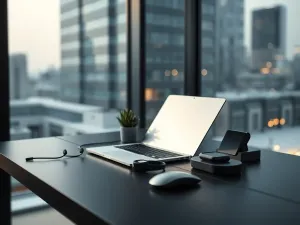 Dłonie trzymające nowoczesny smartfon z widocznym interfejsem na tle przytulnego domowego biura.