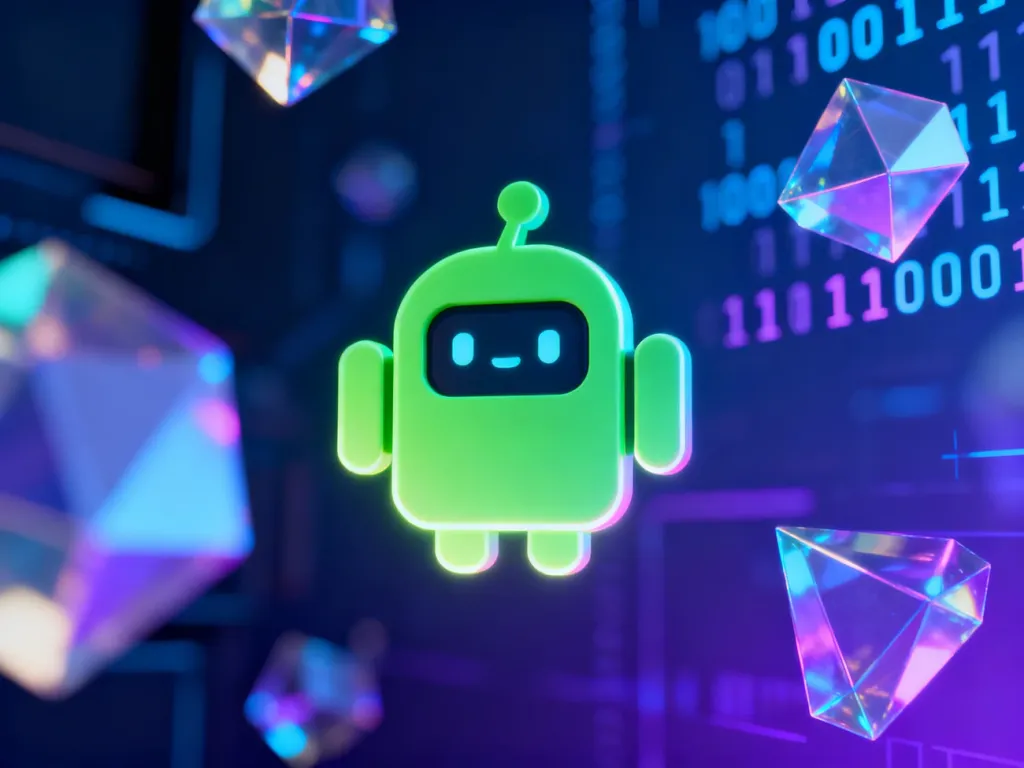 Futurystyczna grafika z neonową maskotką Androida na tle abstrakcyjnych kodów binarnych i geometrycznych kształtów.