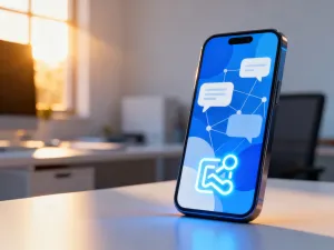 Smartfon na biurku z widocznym na ekranie procesem ładowania, symbolizujący problem z aktualizacją systemu.