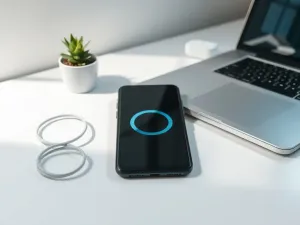 Smartfon leżący na biurku z widocznym menu ustawień, wskazującym na sprawdzanie dostępnej pamięci urządzenia.