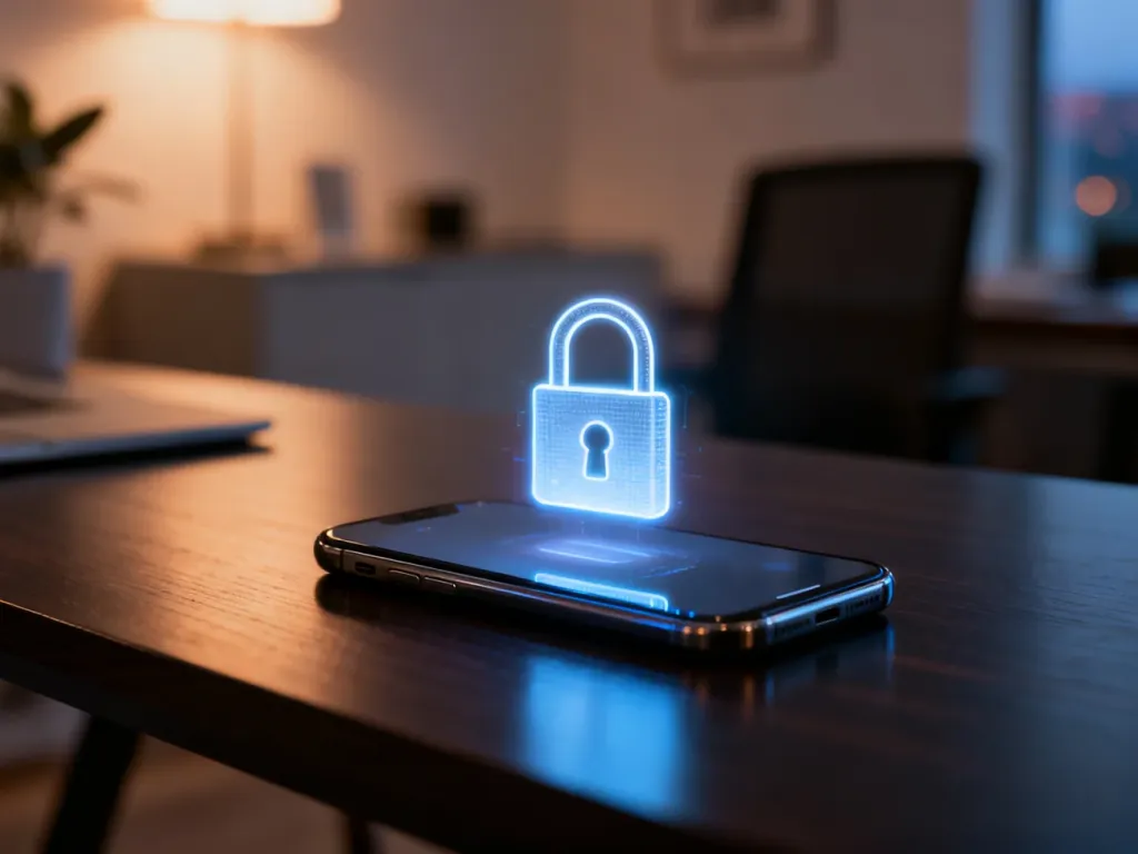 Nowoczesny smartfon na biurku z cyfrową ikoną kłódki, symbolizującą proces odblokowywania urządzenia.