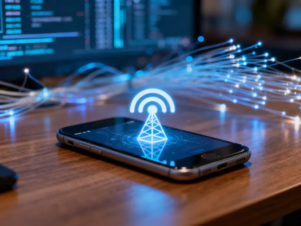 Nowoczesny smartfon na drewnianym biurku z ikoną sygnału sieci na ekranie, symbolizujący działanie danych komórkowych.
