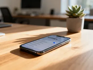 Ikony przesyłania plików unoszące się nad ekranem smartfona, symbolizujące bezprzewodową technologię AirDrop.
