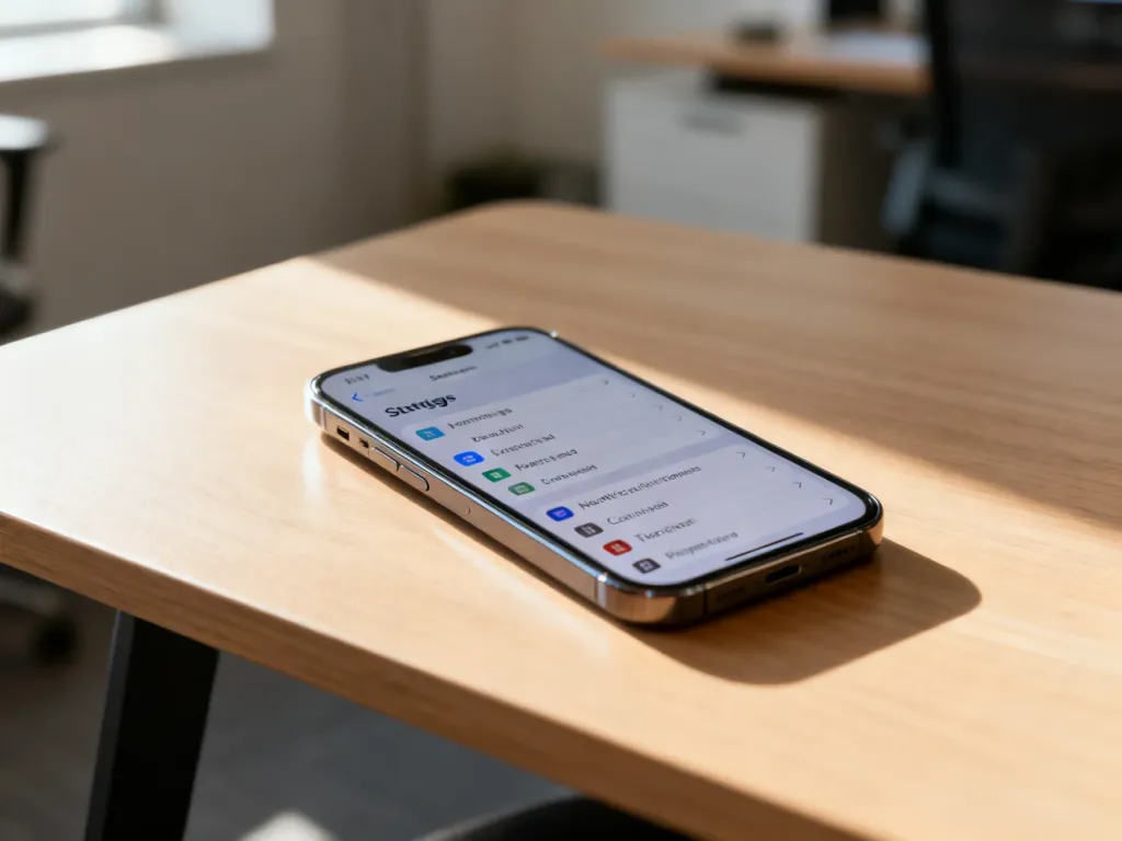 Nowoczesny smartfon na drewnianym biurku z otwartym menu ustawień powiadomień systemu operacyjnego.