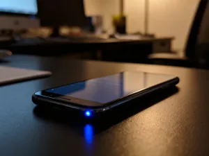 Zablokowany ekran tabletu z panelem do wpisywania kodu na drewnianym biurku w domowym biurze.