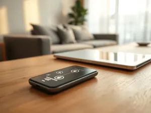 Smartfon na drewnianym biurku z otwartym menu ustawień, gdzie przełącznik funkcji udostępniania jest wyłączony.