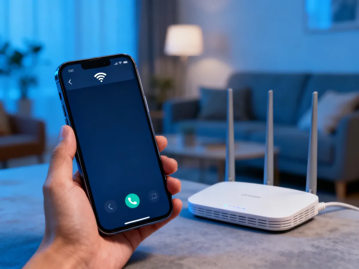 Smartfon połączony z Wi-Fi i wskazujący aktywne rozmowy przez Wi-Fi