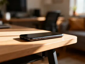 Ekran systemu multimedialnego w nowoczesnym samochodzie z widoczną ikoną łączności ze smartfonem.