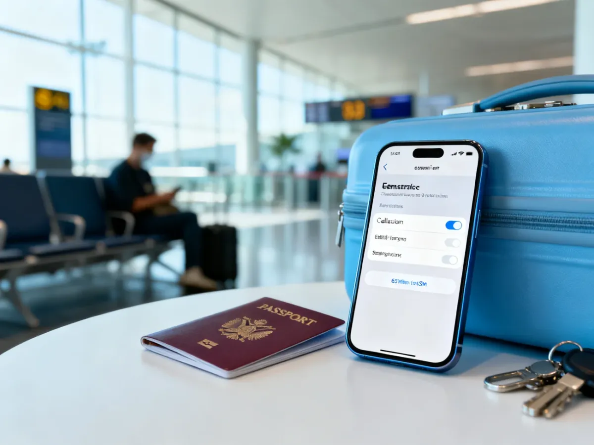 Smartfon z ustawieniami eSIM obok paszportu i akcesoriów podróżnych