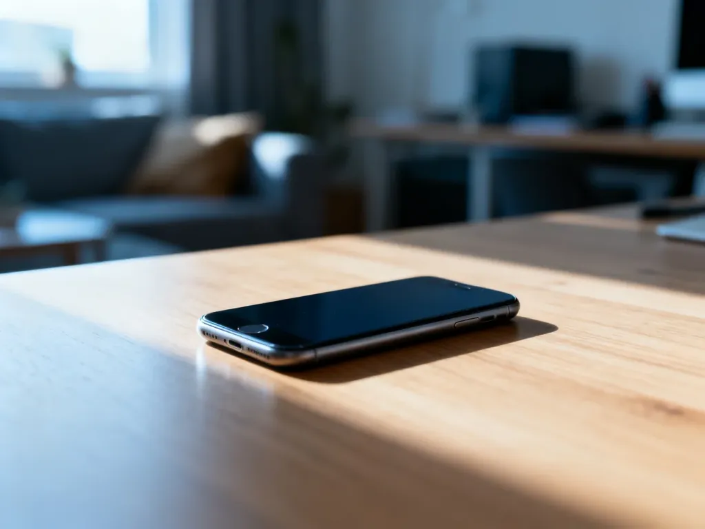 Nowoczesny iPhone leżący na drewnianym biurku w przytulnym domowym biurze, symbolizujący tryb wyciszenia powiadomień.