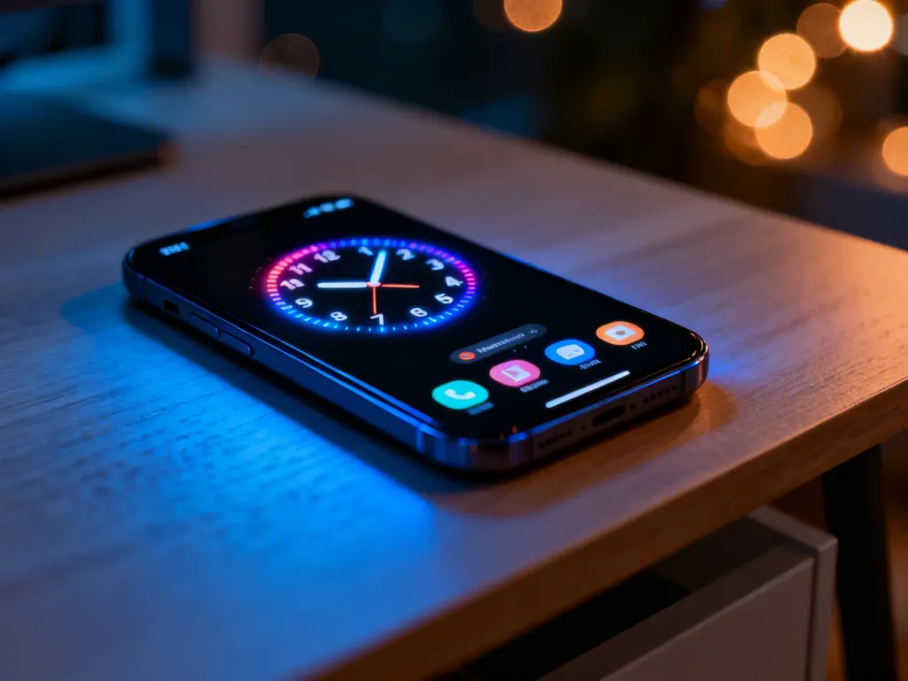 Nowoczesny smartfon z włączoną funkcją Always-on Display, prezentujący zegar i powiadomienia na ciemnym tle.