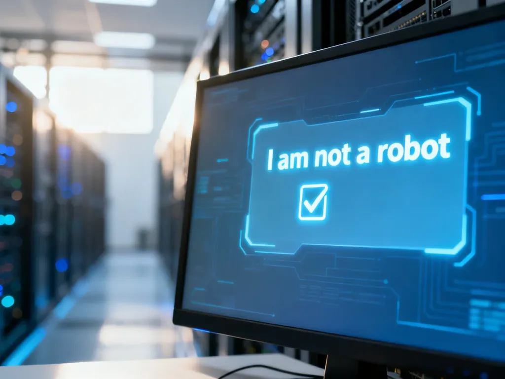 Ekran komputera z podświetlonym polem weryfikacji „Nie jestem robotem” w nowoczesnym interfejsie.