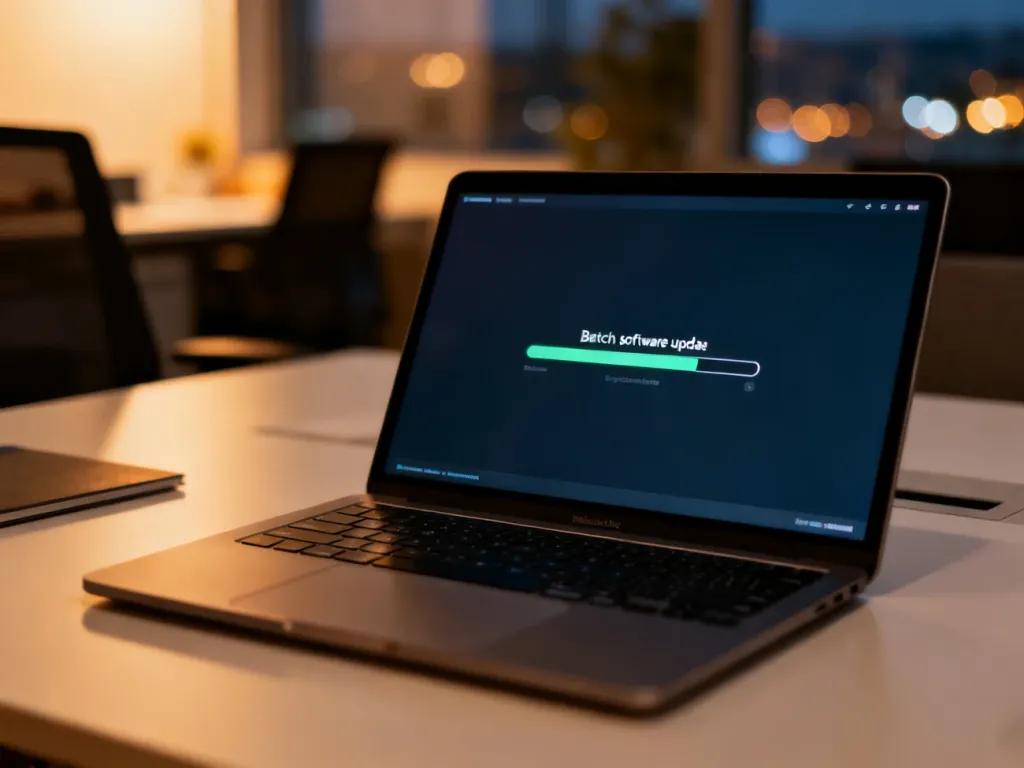 Nowoczesny laptop z paskiem postępu aktualizacji oprogramowania na ekranie, symbolizujący zbiorczą aktualizację aplikacji.