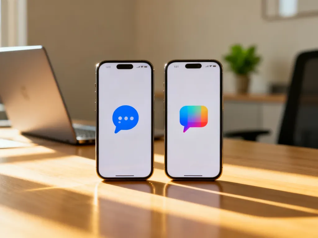 Dwa smartfony na biurku, prezentujące ikony aplikacji Wiadomości Samsung oraz Google w nowoczesnym biurze.