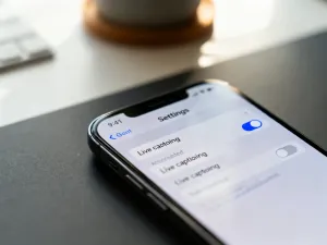 Nowoczesny smartfon podłączony do ładowarki na drewnianym biurku, sygnalizujący proces ładowania baterii.