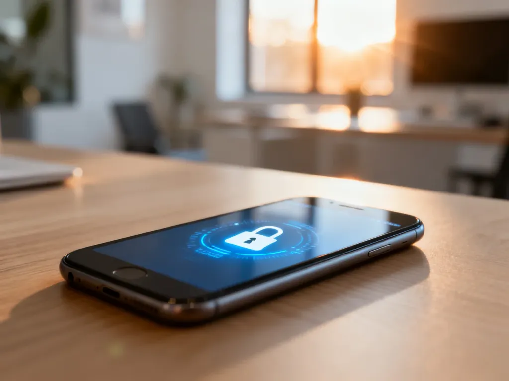 Nowoczesny smartfon z ikoną kłódki na ekranie, sygnalizującą blokadę urządzenia na drewnianym biurku.