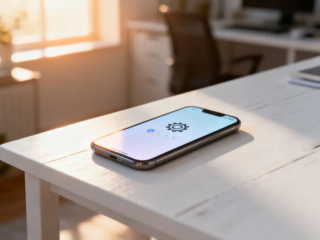 Nowoczesny smartfon leżący na biurku, symbolizujący dostęp do ustawień systemowych urządzenia.