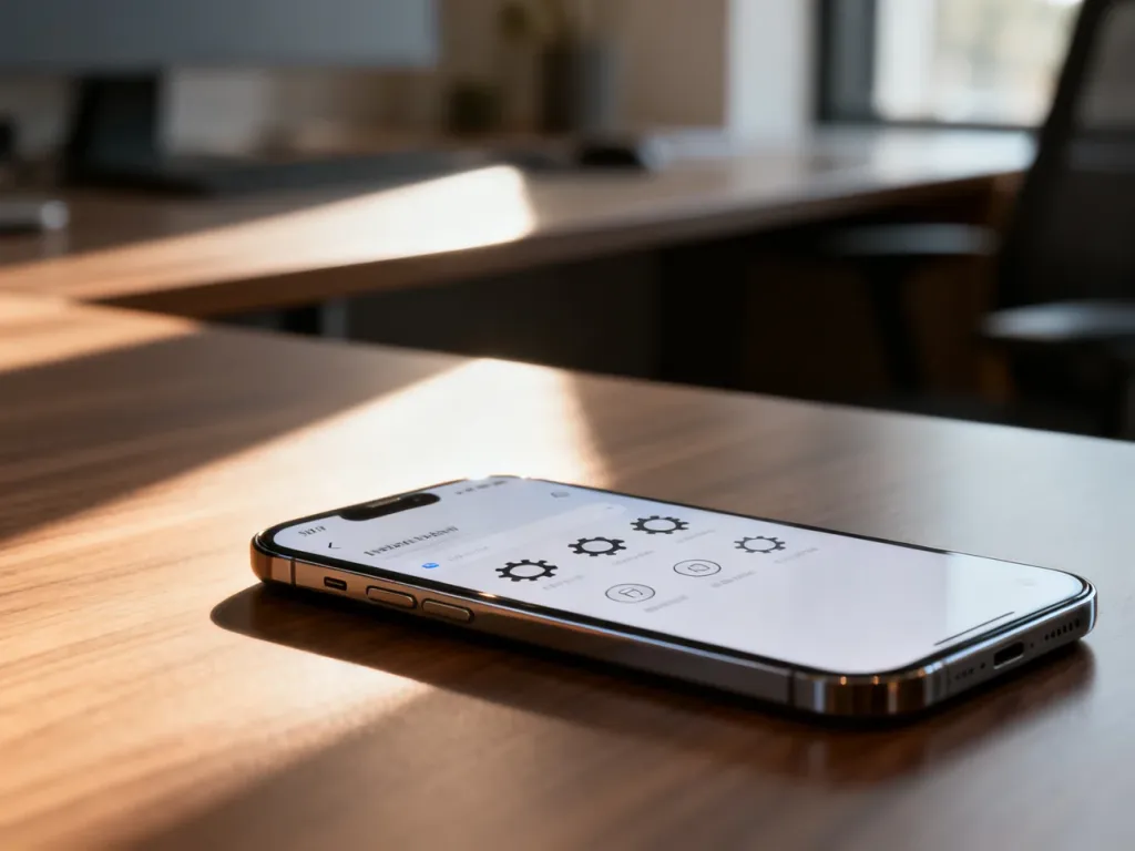 Nowoczesny smartfon z minimalistycznym interfejsem ustawień leżący na drewnianym biurku w słonecznym biurze.