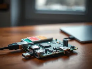 Nowoczesny smartfon podłączony do ładowarki na drewnianym biurku w przytulnym domowym biurze.