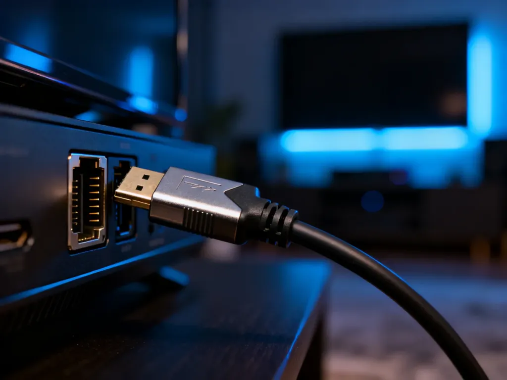 Wtyk kabla HDMI podłączony do portu telewizora w przyciemnionym salonie z niebieskim podświetleniem LED.