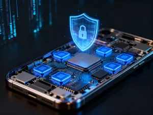 Stary, uszkodzony smartfon z systemem Android na tle nowoczesnej serwerowni, symbolizujący zakończenie wsparcia technicznego.