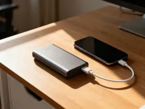 Nowoczesny smartfon na biurku z wyświetloną grafiką sieci neuronowej, symbolizującą działanie Apple Intelligence.