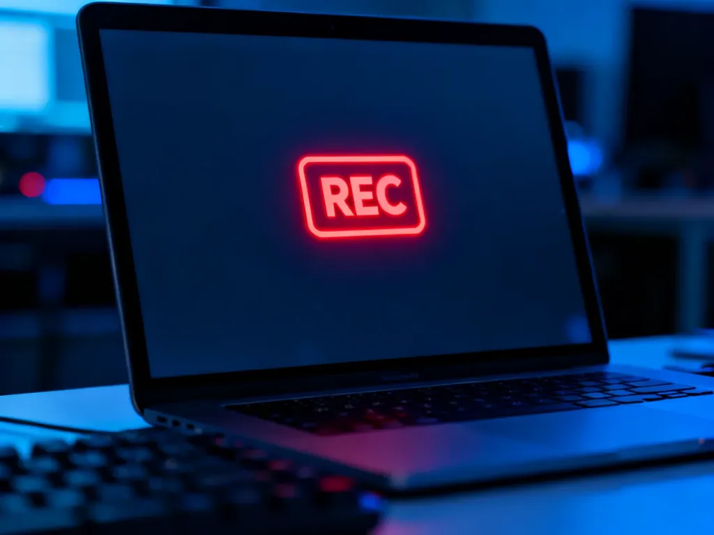 Ekran laptopa z wyraźną, czerwoną ikoną nagrywania, sygnalizującą aktywny proces rejestrowania obrazu.