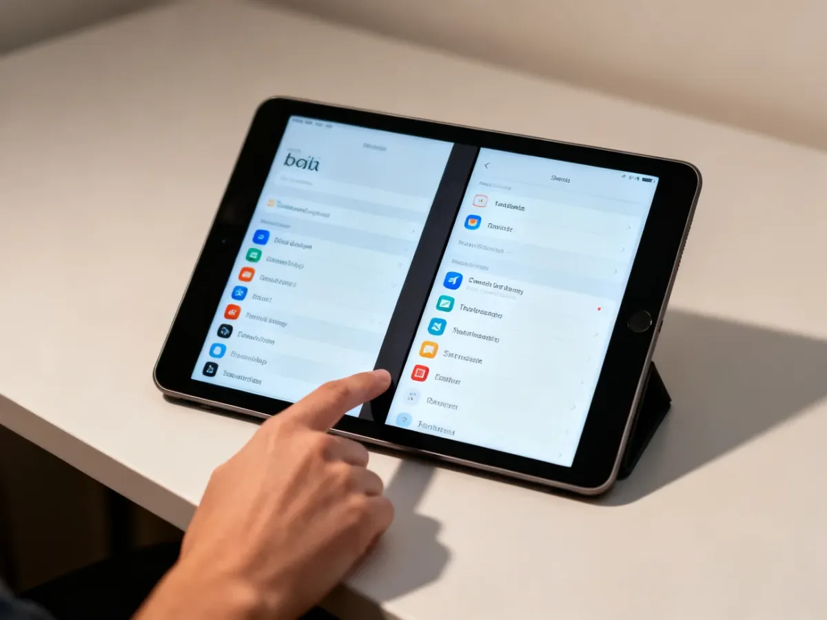 iPad z dwiema aplikacjami w widoku Split View i palcem przesuwającym czarny suwak