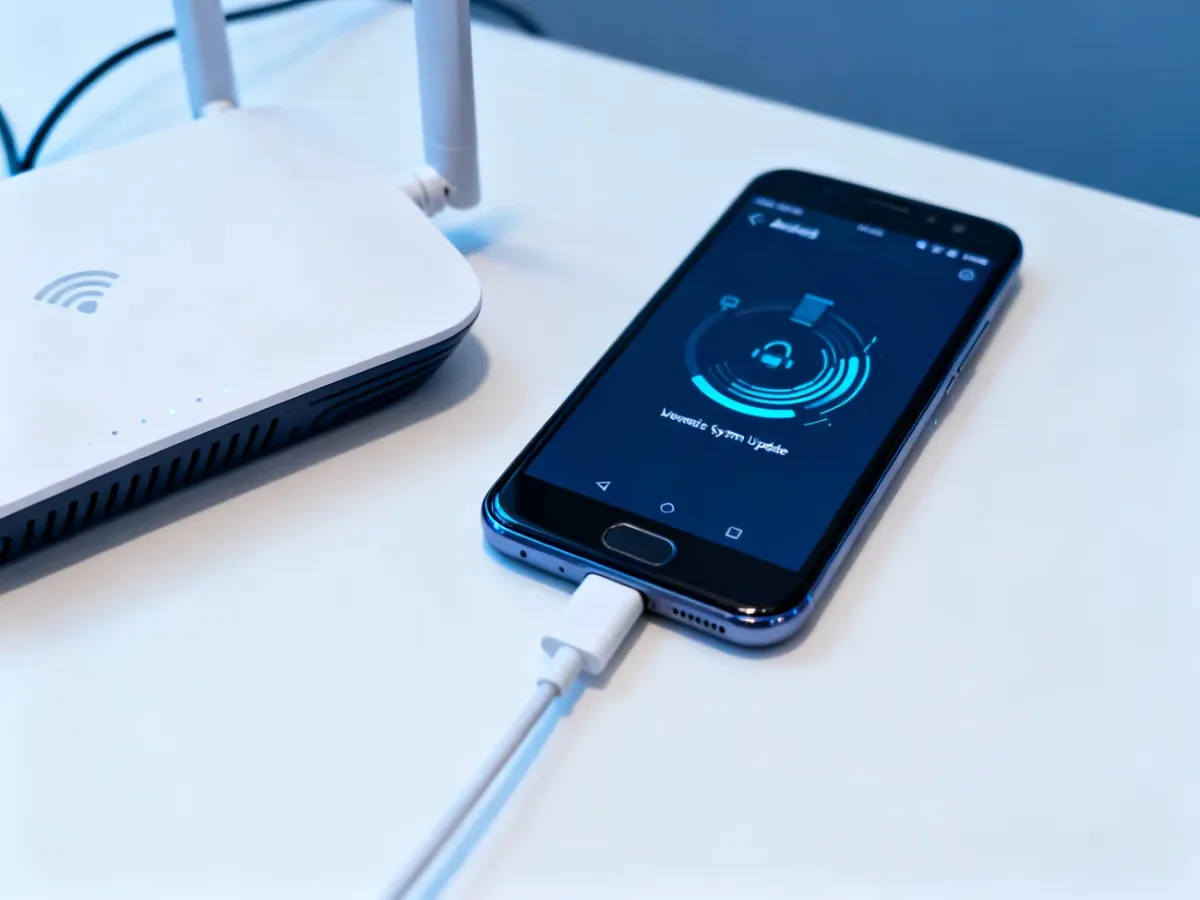 Smartfon z Androidem podczas bezprzewodowej aktualizacji systemu, podłączony do ładowarki
