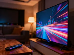 Zablokowany smartfon z ikoną kłódki na ekranie, leżący na drewnianym biurku w domowym biurze.