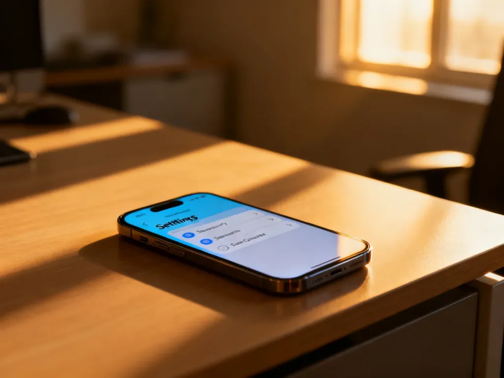 Nowoczesny smartfon z otwartym menu ustawień zabezpieczeń na ekranie, leżący na drewnianym biurku.