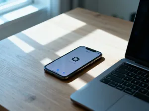 Nowoczesny smartfon na biurku z ikoną aktualizacji systemu na ekranie, symbolizujący oczekiwanie na nowe oprogramowanie iOS.