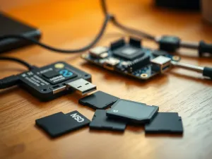 Nowoczesny smartfon na drewnianym biurku z wyłączanym przełącznikiem w ustawieniach, symbolizujący cyfrowy dobrostan.
