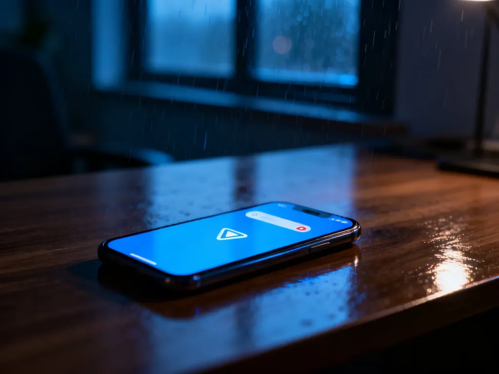 Smartfon leżący na biurku z wyświetlonym powiadomieniem systemowym, symbolizującym alert RCB w wieczornej scenerii.