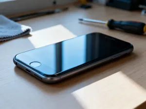 Nowoczesny smartfon na biurku z wyświetloną grafiką sieci neuronowej, symbolizującą działanie Apple Intelligence.