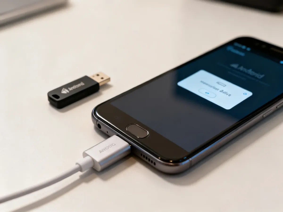 Smartfon z Androidem podłączony do pendrive’a przez adapter USB OTG