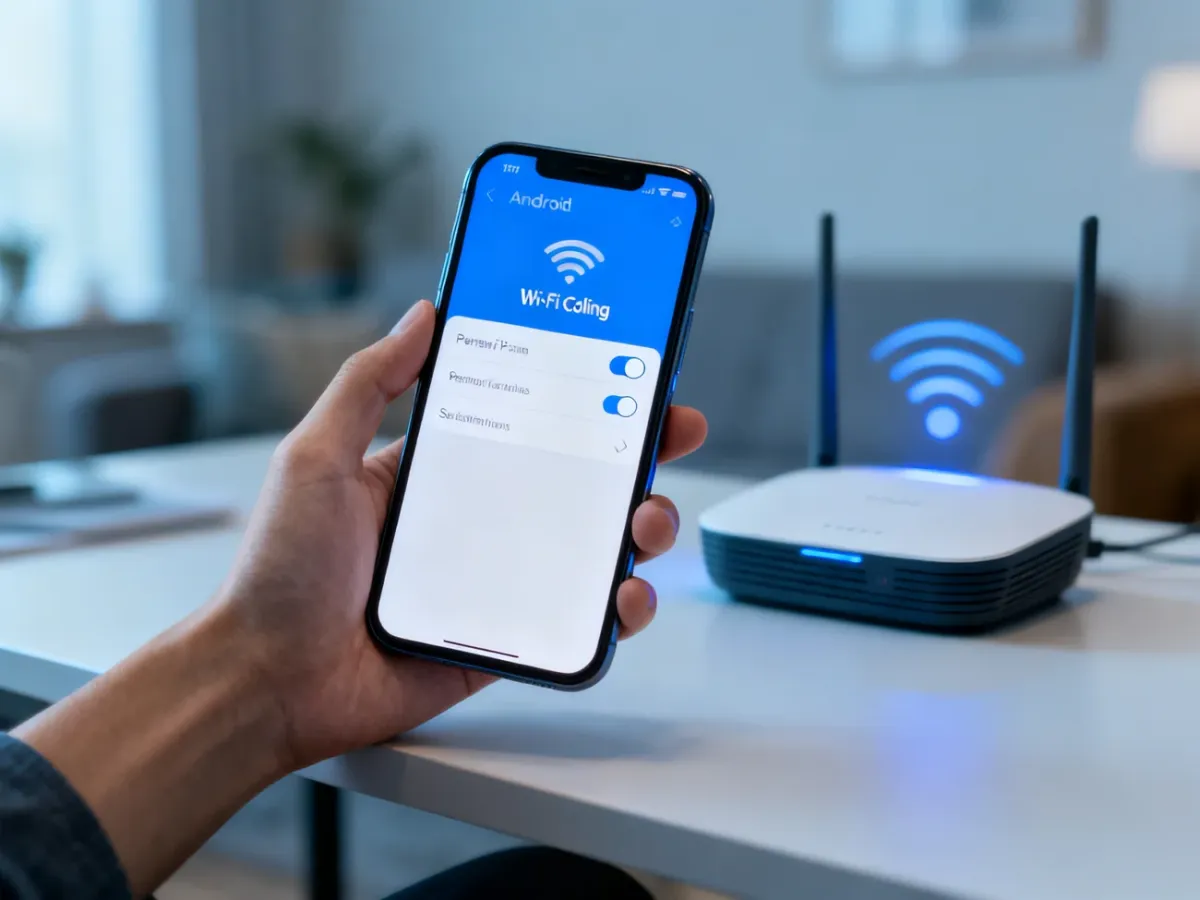 Telefon z Androidem z włączoną funkcją Wi-Fi Calling obok routera Wi-Fi