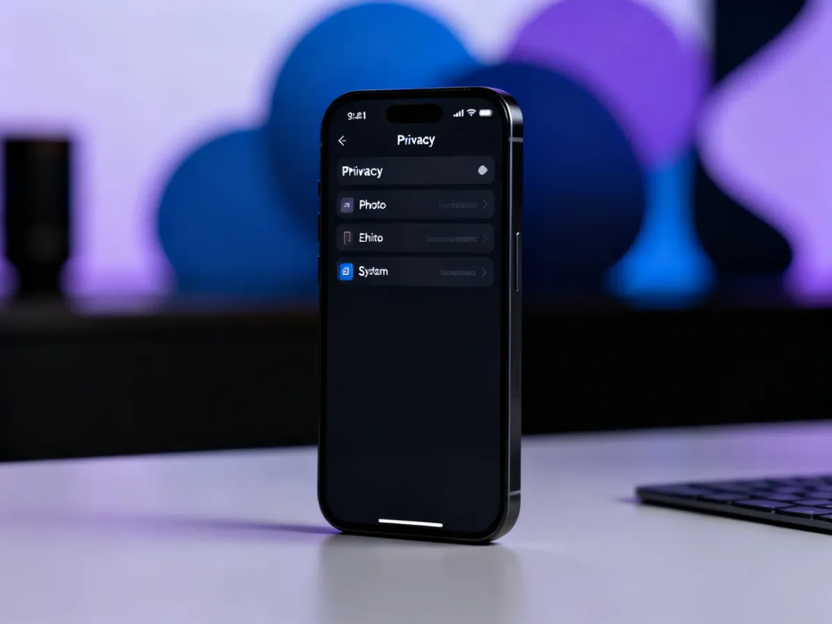 iPhone z interfejsem Trybu Ciemnego na biurku