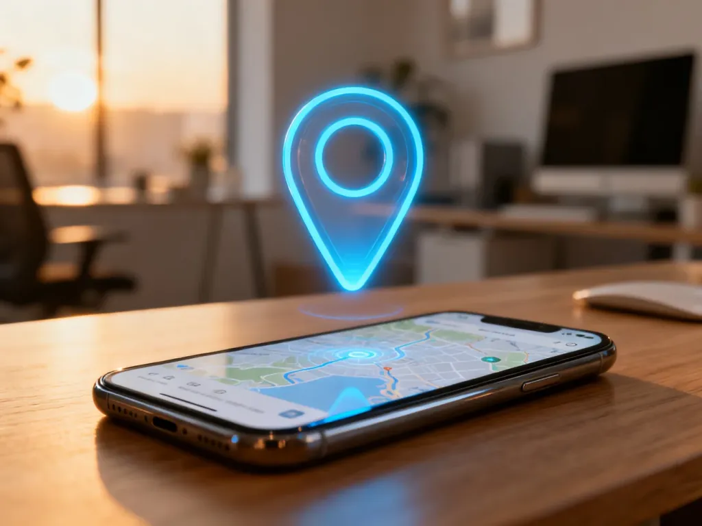 Minimalistyczny smartfon z cyfrową mapą i świecącą ikoną lokalizacji na drewnianym biurku.