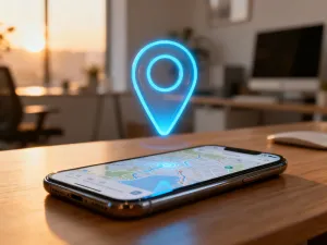 Nowoczesny smartfon leżący na biurku z widocznym interfejsem połączenia przychodzącego w przytulnym domowym biurze.