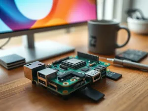 Nowoczesny smartfon z wygaszonym ekranem leżący na drewnianym biurku w domowym biurze.