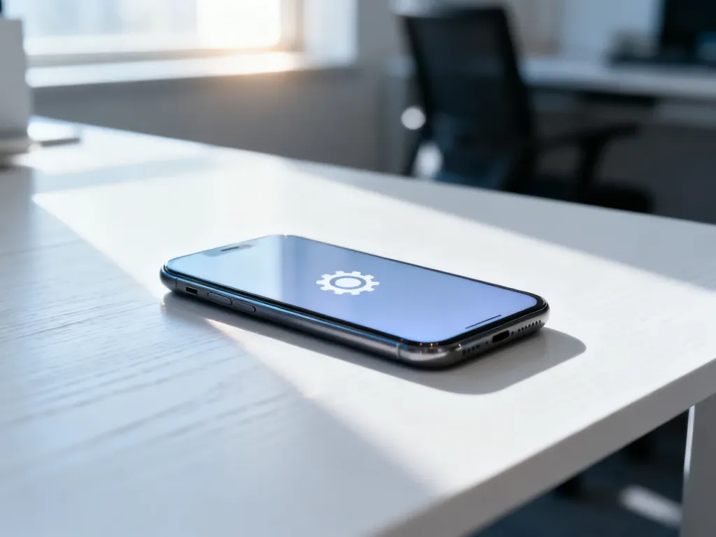 Nowoczesny smartfon z ikoną ustawień systemowych na ekranie, leżący na jasnym biurku w słonecznym biurze.