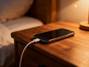 Nowoczesny smartfon na biurku z ikoną baterii i animacją ładowania, symbolizującą działanie funkcji baterii adaptacyjnej.