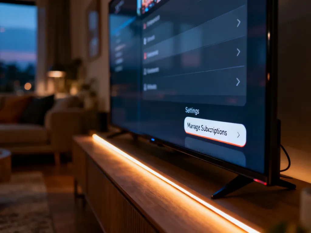 Menu ustawień na ekranie telewizora z podświetloną opcją zarządzania subskrypcjami w aplikacji Prime Video.