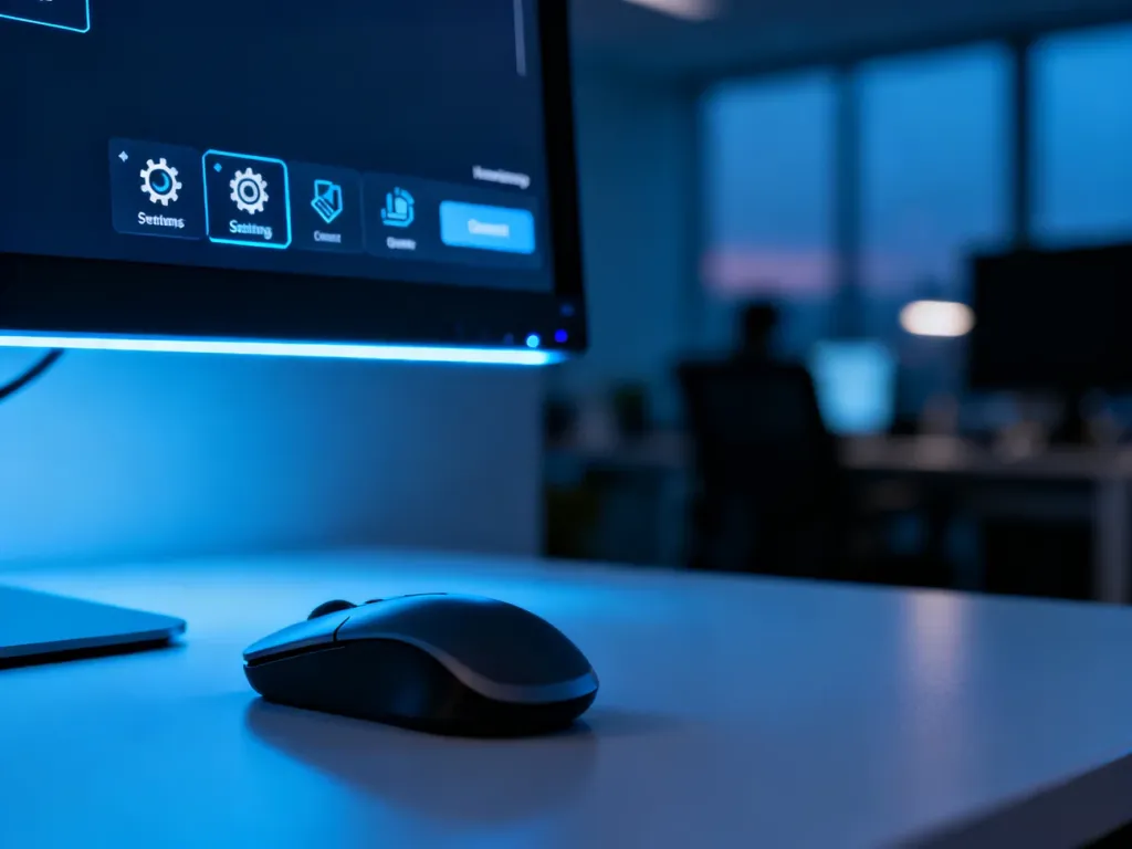 Nowoczesny monitor z otwartym menu ustawień na biurku komputerowym w profesjonalnym, przyciemnionym wnętrzu.