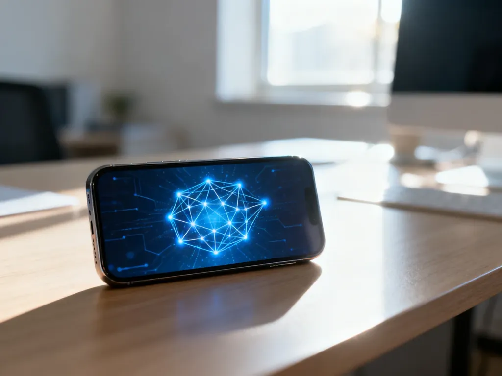 Nowoczesny smartfon na biurku z wyświetloną grafiką sieci neuronowej, symbolizującą działanie Apple Intelligence.