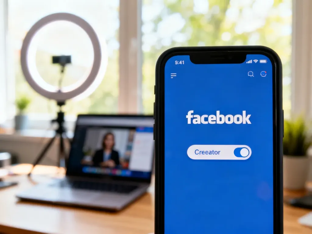 Ekran smartfona z widocznym przełącznikiem trybu twórcy cyfrowego w aplikacji Facebook na tle domowego biura.