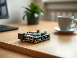 Smartfon z otwartą aplikacją muzyczną na drewnianym biurku obok słuchawek i kawy, tworzący przytulny klimat do słuchania muzyki.