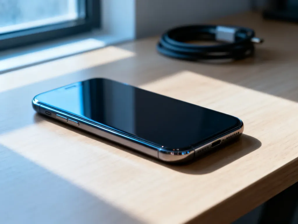 Nowoczesny smartfon leżący na drewnianym biurku obok zwiniętego kabla do ładowania.